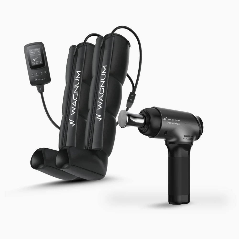 WAGNUM LegPro air compression boots and adjustable PRORange massage gun bundle.