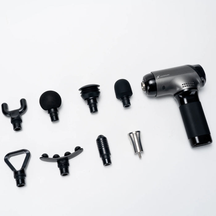 WAGNUM ProRange massage gun and eight different attachment heads that come with it in a white background.